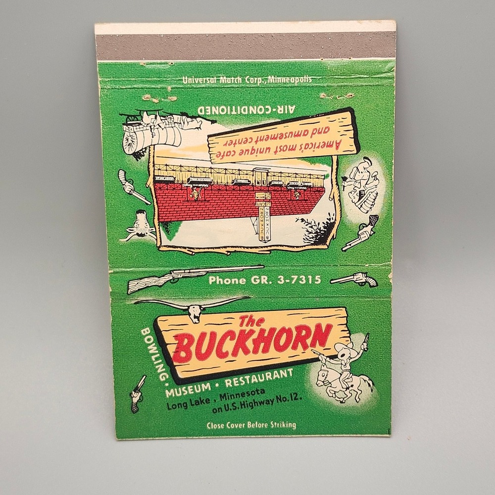 Vintage The Buckhorn Long Lake MN Matchbook Museum Restaurant Bowling Ads